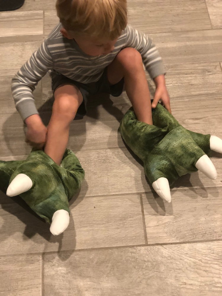 dino feet house slippers on toddler
